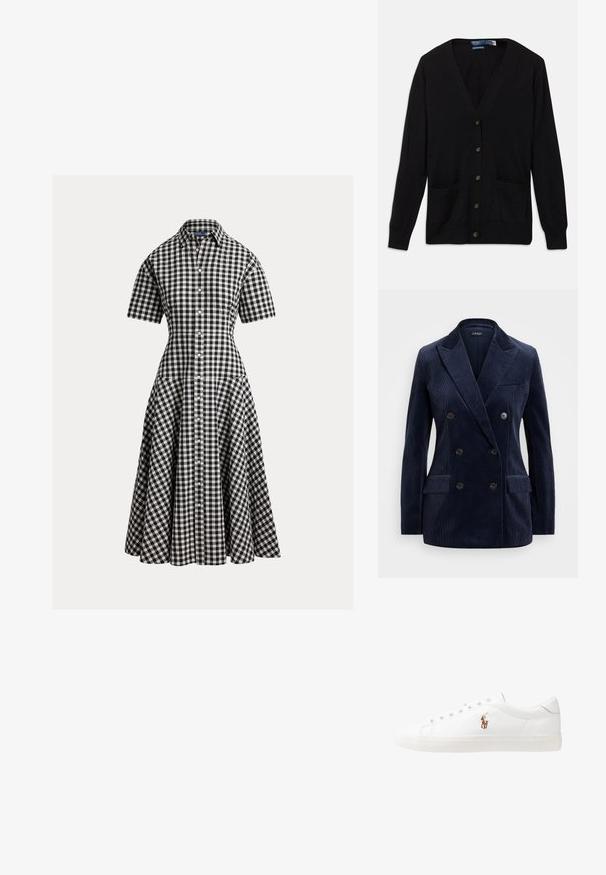 Blazer azul marinho de corduroy, de dupla abotoadura, com lapelas recortadas, dois bolsos frontais, quatro botões e um design elegante e estruturado.; Cardigã preto com decote em V, mangas longas, botões à frente e dois bolsos frontais. Textura suave e um design de corte clássico.; Vestido de padrão gingham preto e branco com mangas curtas, corpete ajustado e saia evasê. Apresenta botões frontais e gola clássica.; Sapatilhas de couro brancas, design de cano baixo, com textura suave, biqueira redonda, atacadores à frente e um pequeno logótipo bordado na lateral.; Bolsa de couro preto em forma de meia-lua. Apresenta um detalhe em metais dourados e uma alça estreita. Textura suave, fechamento em zíper na parte superior.