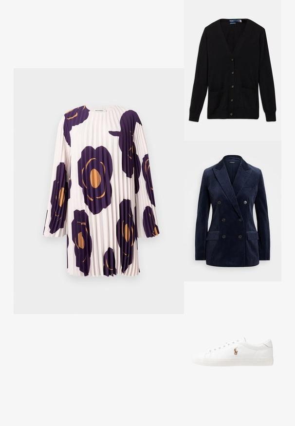 Námořnický kordový dvouřadový blejzr s klopami, dvěma předními kapsami, čtyřmi knoflíky a elegantním, strukturovaným designem.; Černý kardigan s výstřihem do V, dlouhými rukávy, knoflíky vpředu a dvěma předními kapsami. Jemná textura a klasický střih.; Dlouhé šaty s dlouhým rukávem s plisováním, velkými fialovými a oranžovými květinovými potisky na světle růžovém pozadí, označené značkou Marimekko.; Bílé kožené tenisky, nízký střih, s hladkým povrchem, kulatou špičkou, šněrováním v přední části a malým vyšitým logem na boku.; Černá kožená kabelka ve tvaru půlměsíce. Obsahuje zlaté kovové detaily a úzký popruh. Hladký povrch, zapínání na zip na vrchu.