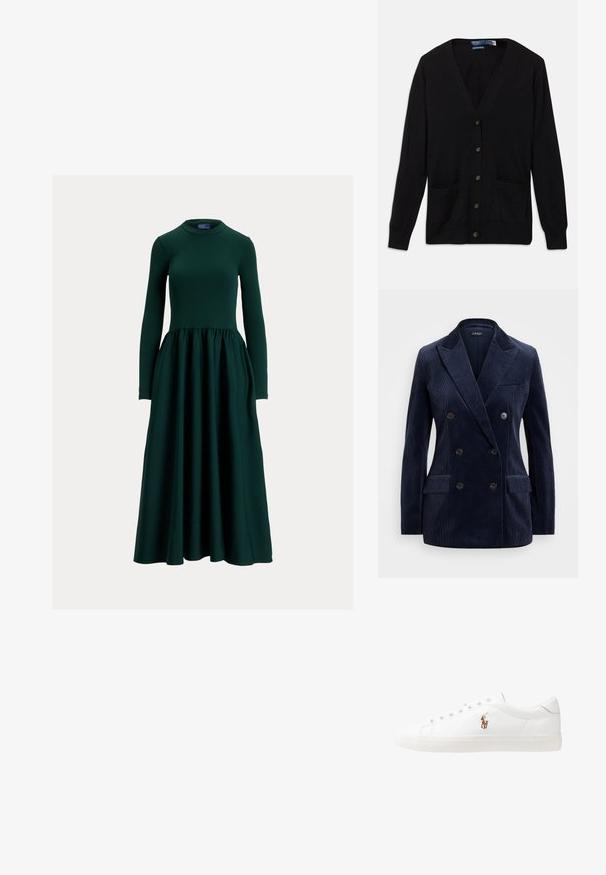 Marinblå kordfläks dubbelknäppt kavaj med spetsiga slag, två framfickor, fyra knappar och en elegant, strukturerad design.; Svart cardigan med V-hals, långa ärmar, knappar framtill och två framfickor. Mjukt material och klassisk passform.; Mörkgrön dresses med lång ärm i slät tyg, med figursydd överdel och kjol som är utsvängd och rynkad. Rund halsringning.; Vita lädersneakers, låg design, med en slät yta, rund tå, snörning fram och en liten broderad logotyp på sidan.; Svart läderhandväska i halvmåneform. Har en accent av guldhardware och en smal rem. Slät yta, blixtlåslås upptill.