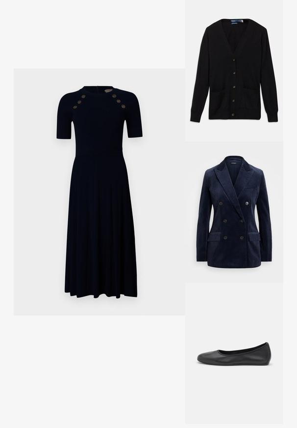 Námořnický kordový dvouřadový blejzr s klopami, dvěma předními kapsami, čtyřmi knoflíky a elegantním, strukturovaným designem.; Černý kardigan s výstřihem do V, dlouhými rukávy, knoflíky vpředu a dvěma předními kapsami. Jemná textura a klasický střih.; Hladké námořnické šaty s krátkými rukávy, přiléhavým korpusem, rozevlátou sukní a šesti zlatými knoflíkovými detaily na ramenech. Zapínání na zip vzadu.; Černé kožené baletní byty s kulatou špičkou, hladkou texturou, minimálními švy a flexibilním designem podrážky.