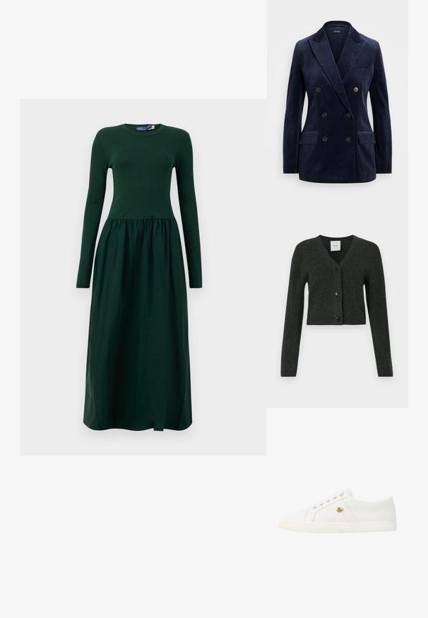 Morn navy rišine dvojno zapenjanje s klapami, dvema sprednjima žepoma, štirimi gumbi in elegantnim, strukturovanim dizajnom.; Temno siva kratka jopica z dolgimi rokavi in V-izrezom ter tremi črnimi gumbi spredaj.; Dolga zgornja obleka v temno zeleni barvi z usklajenim zgornjim delom in razporekami v krilu. Narejena iz mehkega materiala, s okrožnim izrezom in dolžino do gležnjev.; Lauren Ralph Lauren JANSON II CANVAS SNEAKER - Športni copati - optic white