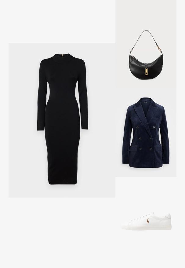 Navy Cordflügel-Blazer mit doppelter Knopfleiste, paspelierten Revers, zwei Fronttaschen, vier Knöpfen und einem schlanken, strukturierten Design.; Schwarzes, figurbetontes Kleid mit langen Ärmeln, hohem Kragen, geripptem Struktur und mittellanger Silhouette. Verfügt über einen Reißverschluss am Rücken mit goldfarbener Hardware.; Weiße Leder-Sneaker, niedrig geschnitten, mit glatter Textur, runder Zehenpartie, Schnür vorne und kleinem gesticktem Logo an der Seite.; Schwarze Lederhandtasche in Halbmondform. Verfügt über eine goldene Hardware-Akzentuierung und einen schmalen Tragegurt. Sanfte Textur, Reißverschlussverschluss an der Oberseite.