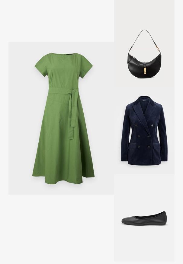 Blazer double-breasted en velours côtelé marine avec revers crantés, deux poches avant, quatre boutons et un design élégant et structuré.; Robe verte, longueur genou en coton avec un corsage ajusté, des manches courtes et une ceinture à la taille. Jupe évasée avec une texture lisse et des coutures minimales.; Ballerines en cuir noir avec un bout rond, texture lisse, détails de couture minimalistes et design de semelle flexible.; Sac à main en cuir noir en forme de demi-lune. Doté d'un accent en métal doré et d'une sangle étroite. Texture lisse, fermeture éclair sur le dessus.
