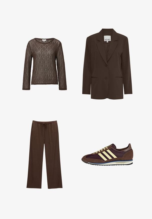 Blazer ajusté marron avec revers cranté, deux boutons à l'avant et deux poches discrètes ; tissu lisse avec une coupe structurée.; Haut marron à manches longues en tissu tricoté texturé à côtes, avec un col bateau et une coupe décontractée.; Pantalons larges marron en tissu doux, avec une taille élastique et un cordon de serrage, et deux poches latérales.; Baskets marron et bordeaux avec des matériaux en daim et en maille, présentant trois rayures crème, un tissu texturé sur la languette et une semelle en caoutchouc.
