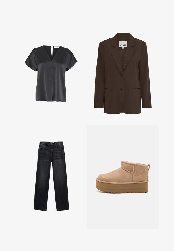 Hnedý, prispôsobený blazer s klopovým golierom, dvoma prednými gombíkmi a dvoma diskrétnymi vreckami; hladká tkanina so štruktúrovaným strihom.; Čierna blúzka s krátkym rukávom a výstrihom do V, textúrovaná tkanina, predné prekrytie a otvor v tvare kľúča na zadnom výstrihu.; Čierne široké džínsy vyrobené z denimu. S piatimi vreckami, zipsom a gombíkovým zapínaním a s jemným vyblednutím na prednej strane.; Béžové semišové členkové topánky s mäkkým interiérom, vybavené platformovou podrážkou a malým úchytom na zadnej strane pre jednoduché obúvanie. Textúrovaná gumová podrážka.