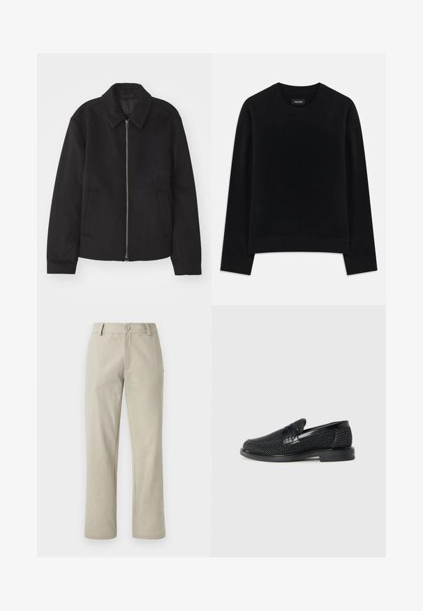 Juodas švarkas su užtrauktuku, pritaikyta forma, apvaliu apykakle ir kišenėmis su plyšiu. Pagamintas iš lygios, tekstūruotos medžiagos.; Juodas megztinis, pagamintas iš minkštos medžiagos, turi apvalų iškirpimą, ilgas rankoves, laisvą siluetą ir džinsinę apykaklę. Paprastas, vientisas dizainas be raštų.; Bežinės medvilninės kelnės su tiesiu siluetu, kurioms būdingas mygtuko uždarymas ir dvi priekinės kišenės. Lygus paviršius ir švarus dizainas su minimaliais apdailos elementais.; Juodas pintas slip-on tipo batelis su lygiu odiniu akcentu viršuje, apvalios nosies dizainas ir žemas guminis padas.