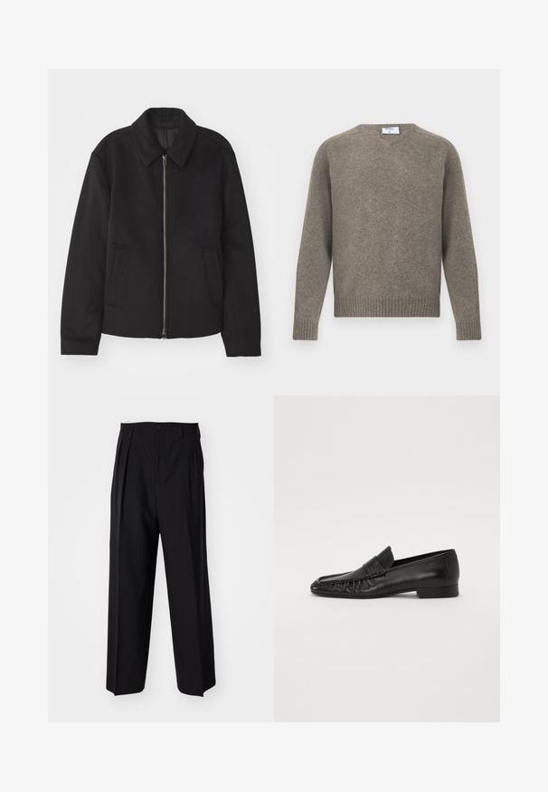 Zwarte jas met ritssluiting, op maat gemaakte ontwerp, ronde kraag en splitzakken. Gemaakt van een gladde, gestructureerde stof.; Grijze gebreide trui, ronde hals, geribde manchetten en zoom, zachte textuur, gemaakt van een wolmix, minimalistisch ontwerp met een zichtbaar label bij de halslijn.; Zwarte geplooide broeken met een rechte, brede pijpontwerp. Gemaakt van soepele stof, met een knoopsluiting en riemlussen.; Filippa K GATHERED DETAIL - Mocassins - black
