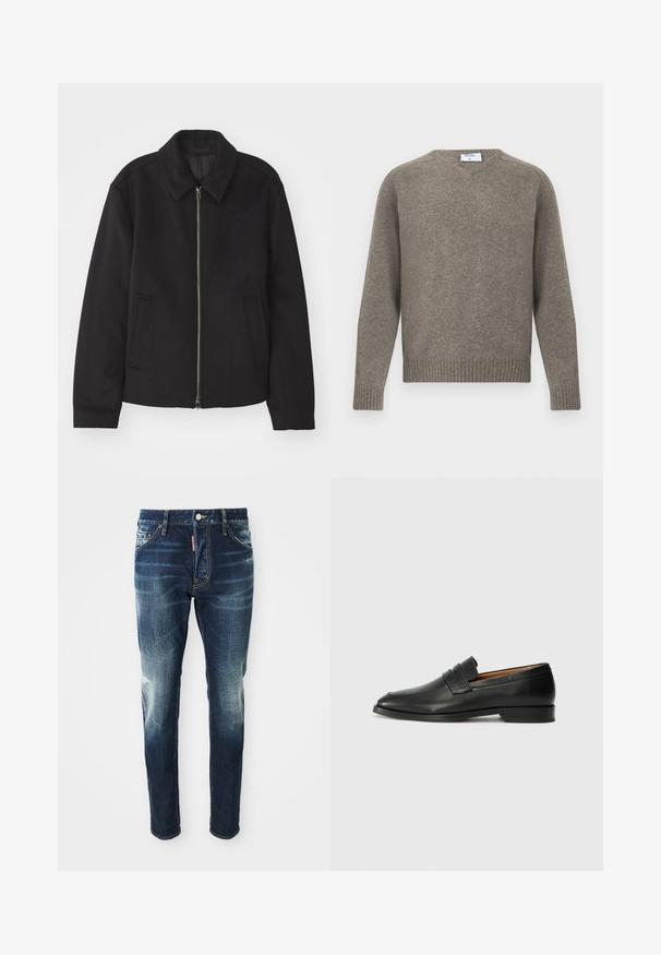 Svart jacka med dragkedjestängning, skräddarsydd design, rund krage och slitsfickor. Tillverkad av ett slätt, strukturerat tyg.; Grå stickad tröja med rund halsringning, ribbade muddar och fåll, mjuk textur, tillverkad av en ullblandning, minimalistisk design med synlig etikett vid halsringningen.; Mörkblå denimjeans med smal passform, med blekta partier på låren och knäna, fem fickor och metallknappstängning.; Svart läderloafersko med rund tå, subtila sömnadsdetaljer och låg klack, med en jämn yta och minimalistisk design.