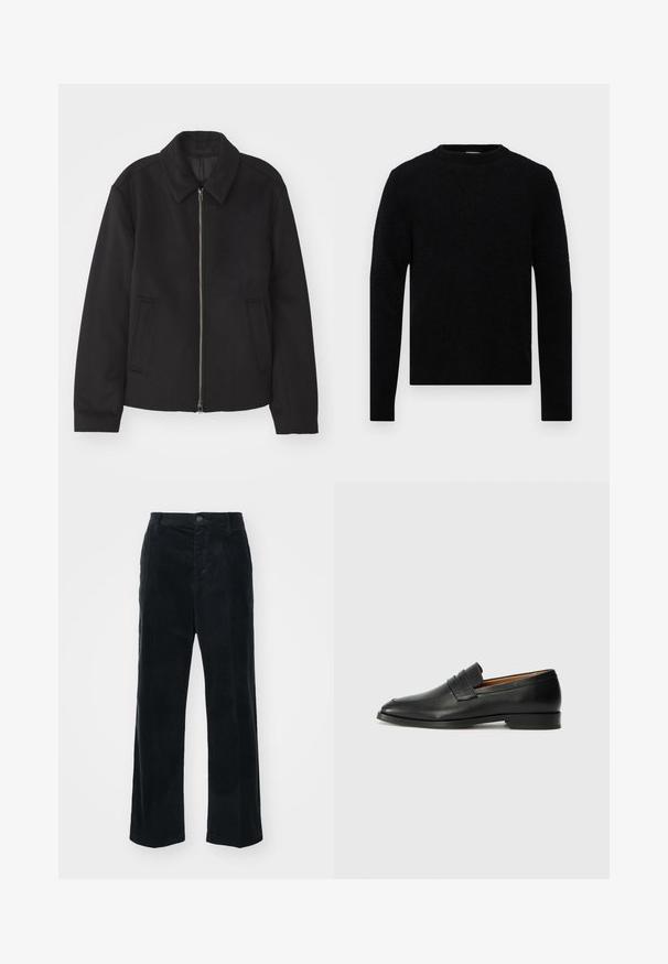 Giacca nera con chiusura con zip, design sartoriale, collo arrotondato e tasche a fessura. Realizzata in un tessuto morbido e texture.; Filippa K SWEATER - Maglione - black; Pantaloni in corduroy neri con design a gamba dritta, caratterizzati da righe verticali, chiusura anteriore con bottone e passanti per la cintura.; Mocassino in pelle nera con punta arrotondata, dettagli cuciti sottili e tacco basso, caratterizzato da una texture liscia e un design minimalista.