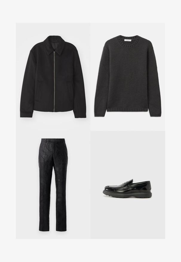 Black jacket with a zip closure, tailored design, a rounded collar, and slit pockets. Made from a smooth, textured fabric.; Dark grey knit sweater with a crew neckline, ribbed cuffs, and hem. The fabric has a textured appearance with a regular fit.; Black trousers with a subtle floral jacquard pattern, straight cut, and smooth texture. Features a classic waistband and tailored fit.; Black leather loafer with a glossy finish, rounded toe, subtle stitching details, and a thick rubber sole for durability.