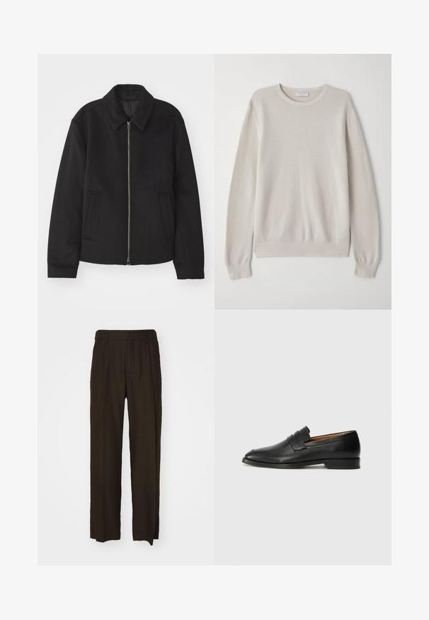 Veste noire avec fermeture éclair, design ajusté, col arrondi et poches fendue. Fabriquée dans un tissu lisse et texturé.; Pull beige clair en tricot doux. Col rond, manches longues, poignets côtelés et ourlet avec un subtil détail de texture.; Pantalons marron à jambe large en tissu texturé avec une taille haute et des plis à l'avant. Jambes droites avec des ourlets propres et finis.; Mocassin en cuir noir avec un bout arrondi, des coutures subtiles et un talon bas, présentant une texture lisse et un design minimaliste.