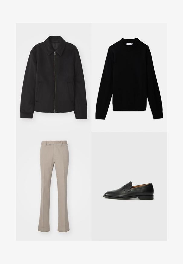 Black jacket with a zip closure, tailored design, a rounded collar, and slit pockets. Made from a smooth, textured fabric.; Black sweater with a ribbed crew neckline, long sleeves, and a textured knit pattern. No visible logos or embellishments.; Light beige trousers with a straight-leg design, made from a smooth fabric. Features a belt loop waistband and clean, tailored seams.; Black leather loafer with a rounded toe, subtle stitched detailing, and a low heel, featuring a smooth texture and minimalist design.