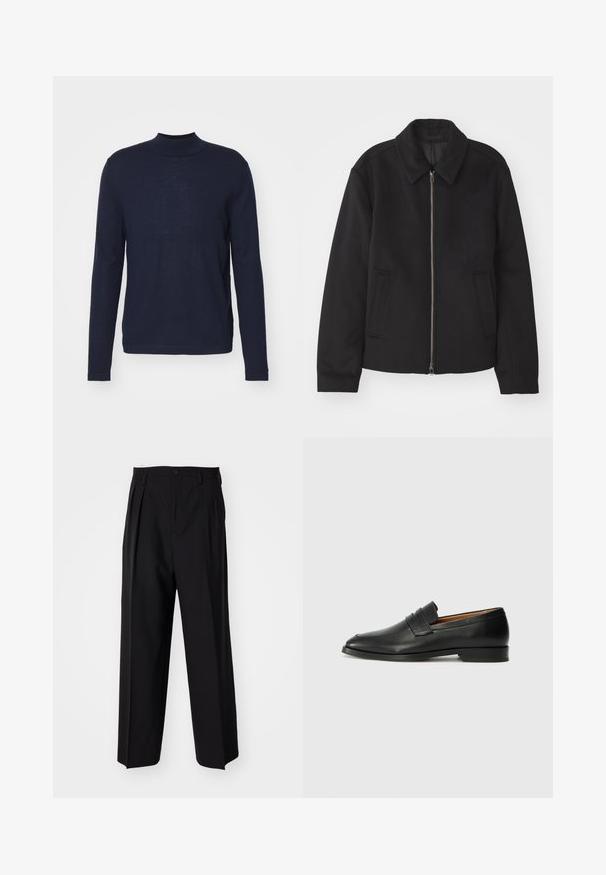Juodas švarkas su užtrauktuku, pritaikyta forma, apvaliu apykakle ir kišenėmis su plyšiu. Pagamintas iš lygios, tekstūruotos medžiagos.; Tamsiai mėlynas ilgarankovis golfas, pagamintas iš minkštos, lengvos medžiagos. Turi prigludusį siluetą su minimaliais siūlais ir lygia tekstūra.; Juodi klostuoti kelnių, su tiesiu, plačiu kojų dizainu. Pagaminti iš lygios medžiagos, su mygtukų uždarymu ir diržo kilputėmis.; Juodas odinis loaferis su apvaliu nosiu, subtiliomis siuvimo detalėmis ir žemu kulnu, pasižymintis lygia tekstūra ir minimalistiniu dizainu.