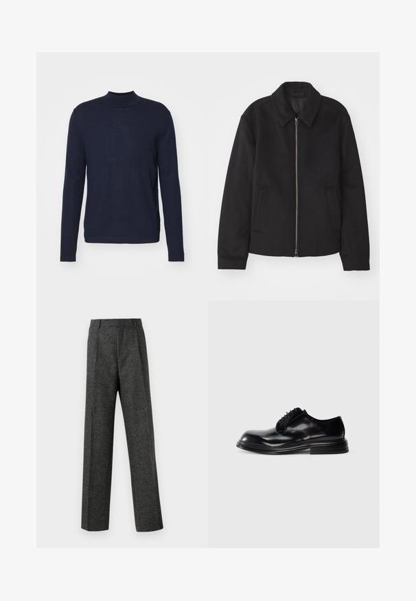 Črna jakna z zadrgo, prilagojena zasnova, okrogla ovratnica in žepi z rezi. Narejena iz gladke, teksturirane tkanine.; Mornarsko modra dolga majica s turtleneck iz mehkega, lahkega materiala. Ima prilegan dizajn z minimalnimi šivi in gladko teksturo.; Sive krojene hlače iz teksturirane tkanine, ki imajo dva sprednja nabora in ravno kroj. Brez vidnih žepov ali okrasnih elementov.; Črna usnjena obutev za moške z zaobljenim nosom, gladko površino, vezalnim dizajnom in slojenim peto. Minimalističen stil brez vidnih logotipov.