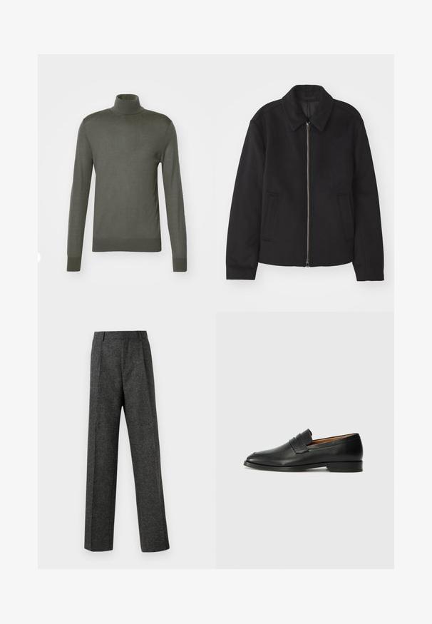 Musta takki vetoketjukiinnityksellä, muotoiltu design, pyöreä kaulus ja viilto-taskut. Valmistettu sileästä, tekstuuripinnoitteisesta kankaasta.; Tiger of Sweden NEVILE - Neule - pavement; Harmaat räätälöidyt housut, jotka on valmistettu teksturoidusta kankaasta, ja niissä on kaksi etutaskua ja suora lahjemuoto. Ei näkyviä taskuja tai koristeluja.; Musta nahkainen loafer, jossa on pyöreä kärki, hienovarainen ommelkoristelu ja matala korko, joka on varustettu sileällä pinnalla ja minimalistisella designilla.