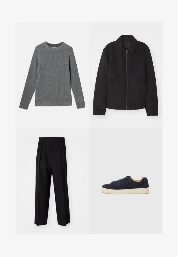 Crna jakna s patentnim zatvaračem, prilagođenog dizajna, zaobljenim kragnom i proreznim džepovima. Izrađena od glatkog, teksturiranog materijala.; Sivi rebrasti pulover s dugim rukavima, okruglim izrezom i teksturiranom tkaninom. Sadrži rebraste rubove na manžetama i dnu.; Crne plisirane hlače s ravnim širokim nogavicama. Izrađene od glatkog materijala, s dugmadi za zatvaranje i petljama za remen.; Mornarsko plava nubuk niska tenisica s okruglim prstom, off-white gumeni đon i usklađene vezice; ima kontrastnu smeđu unutrašnju oblogu.