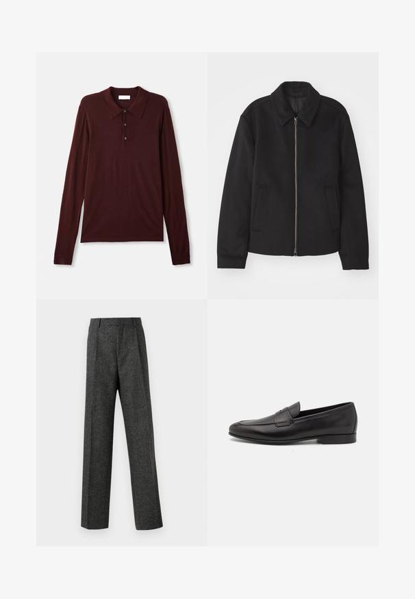 Black jacket with a zip closure, tailored design, a rounded collar, and slit pockets. Made from a smooth, textured fabric.; Long-sleeve, deep burgundy polo shirt in soft fabric. Features a classic collar, three button placket, and fitted cuffs.; Gray tailored trousers made of textured fabric, featuring two front pleats and a straight-leg design. No visible pockets or embellishments.; Black leather men's loafer with a low heel and a classic penny strap design, shown in side profile on a white background.