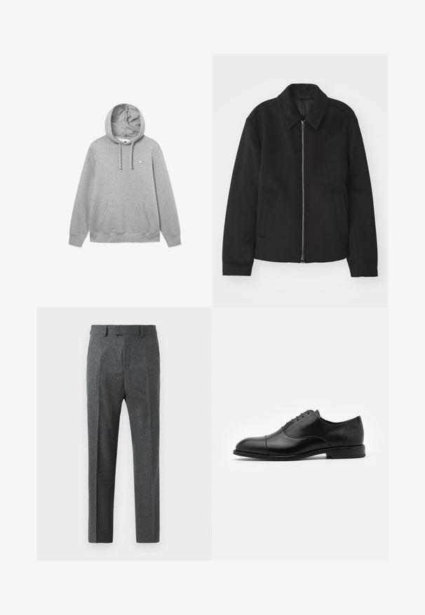 Jachetă neagră cu închidere prin fermoar, design ajustat, guler rotund și buzunare cu fanta. Fabricată dintr-un material neted, texturat.; Hanorac gri din bumbac, cu buzunar frontal tip pouch, glugă cu șnur și logo mic pe piept. Textură moale și croială lejeră.; Pantaloni gri, croiți pe măsură, cu un model fin în carouri, design cu picior drept și o textură de țesătură netedă. Dispun de bucle pentru curea și fermoar la zip.; Pantof cu piele neagră, cu vârful rotund, design cu șireturi și detalii de cusătură subtile. Prezintă un toc joș și o textură netedă.