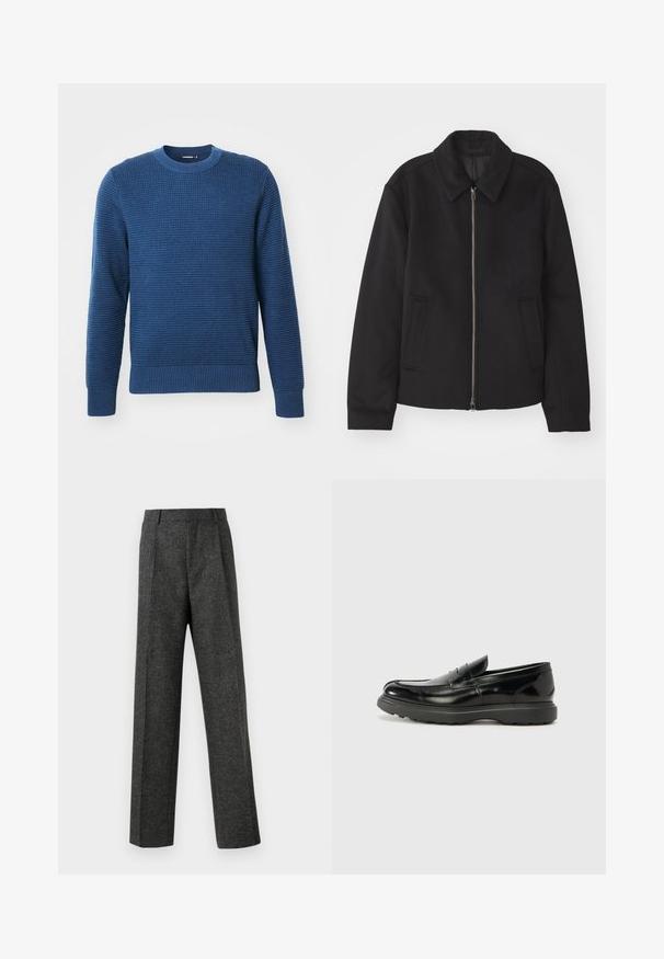 Schwarze Jacke mit Reißverschluss, tailliertem Schnitt, rundem Kragen und Schlitztaschen. Hergestellt aus einem glatten, strukturierten Stoff.; Blauer Strickpullover mit Rundhalsausschnitt, strukturiertem Muster, gerippten Bündchen und Saum sowie einem einfarbigen Design. Hergestellt aus einem weichen, warmen Material.; Graue maßgeschneiderte Hose aus strukturiertem Stoff, mit zwei vorderen Falten und geradem Bein. Keine sichtbaren Taschen oder Verzierungen.; Schwarze Lederloafer mit glanzendem Finish, abgerundetem Zehenbereich, subtilen Steppnähten und einer dicken Gummisohle für Langlebigkeit.