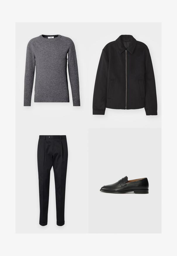 Musta takki vetoketjukiinnityksellä, muotoiltu design, pyöreä kaulus ja viilto-taskut. Valmistettu sileästä, tekstuuripinnoitteisesta kankaasta.; Harmaa neulepaita, jossa on pyöreä kaula-aukko, pitkät hihat, ribbireunat hihoissa ja helmassa, valmistettu pehmeästä, teksturoidusta kankaasta. Ei näkyviä kuvioita tai korostuksia.; Musta housut, jotka on valmistettu sileästä kankaasta, ja niissä on etuosassa laskos, nappisulku sekä käänteet nilkassa.; Musta nahkainen loafer, jossa on pyöreä kärki, hienovarainen ommelkoristelu ja matala korko, joka on varustettu sileällä pinnalla ja minimalistisella designilla.