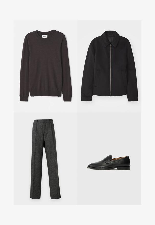 Juodas švarkas su užtrauktuku, pritaikyta forma, apvaliu apykakle ir kišenėmis su plyšiu. Pagamintas iš lygios, tekstūruotos medžiagos.; Tamsiai rudas megztinis su apvalia iškirpte, ilgomis rankovėmis, raukšlėtais rankogaliais ir apačia, lygia tekstūra ir minimalia prekės ženklo etikete.; Pilki pritaikyti kelnių modeliai, pagaminti iš tekstūruotos medžiagos, su dviem priekiniais klostėmis ir tiesiogine kojų forma. Nėra matomų kišenių ar puošybų.; Juodas odinis loaferis su apvaliu nosiu, subtiliomis siuvimo detalėmis ir žemu kulnu, pasižymintis lygia tekstūra ir minimalistiniu dizainu.
