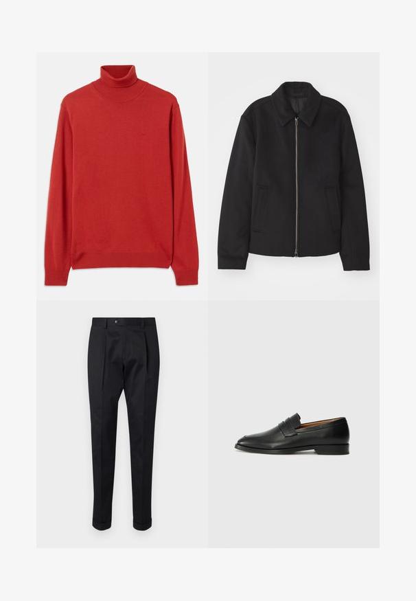 Črna jakna z zadrgo, prilagojena zasnova, okrogla ovratnica in žepi z rezi. Narejena iz gladke, teksturirane tkanine.; Rdeča pletena turtleneck pulover s dolgimi rokavi, rebrastim ovratnikom in manšetami. Ima subtilen logotip na prsih. Gladka tekstura.; Črne hlače iz gladkega materiala, z zavihkom spredaj, gumbom za zapiranje in zvitim robom ob gležnjih.; Črne usnjene loferice z zaobljenim prstom, subtilnim šivanjem in nizkim petam, ki se odlikujejo po gladki teksturi in minimalističnem oblikovanju.