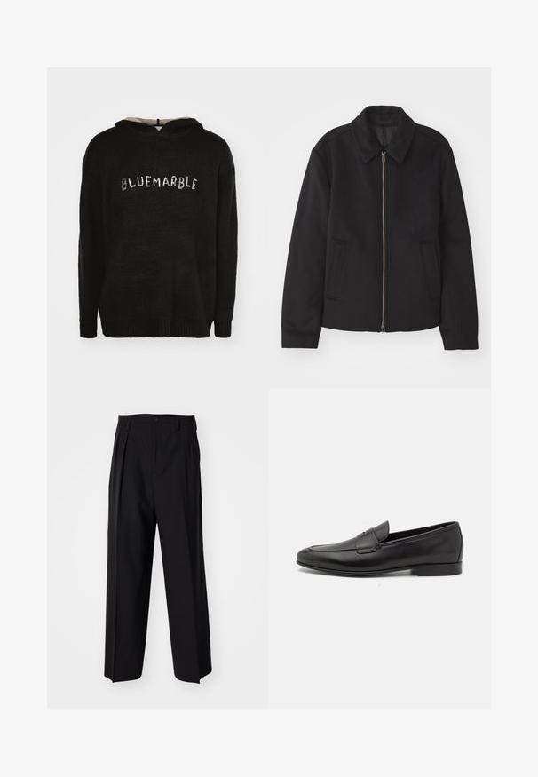Schwarze Jacke mit Reißverschluss, tailliertem Schnitt, rundem Kragen und Schlitztaschen. Hergestellt aus einem glatten, strukturierten Stoff.; Schwarzer Kapuzenpullover aus strukturiertem Stoff mit geripptem Saum. Mit dem Schriftzug "BLUEMARBLE" auf der Vorderseite in kontrastierendem Material.; Schwarze, plissierte Hose mit geradem, weitem Bein. Hergestellt aus glattem Stoff, mit Knopfverschluss und Gürtelschlaufen.; Schwarze Leder-Herrenloafer mit niedrigem Absatz und klassischem Penny-Riemen-Design, seitlich auf einem weißen Hintergrund dargestellt.