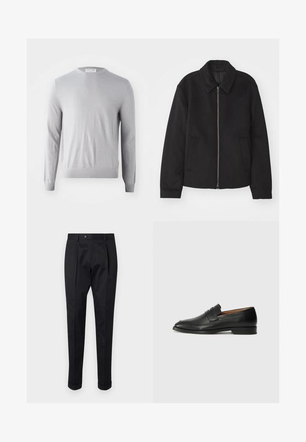 Fekete dzseki cipzárral, testreszabott dizájnnal, kerek nyakkal és zsebekkel. Sima, texturált anyagból készült.; Világosszürke, hosszú ujjú pulóver, kerek nyakkivágással, puha anyagból készült, sima textúrával, bordás mandzsettákkal és aljjal.; Fekete nadrág sima anyagból, elöl hajtással, gombos záródással és felgöngyölt szárakkal a bokánál.; Fekete bőr mokaszin, kerek orral, diszkrét varrásokkal és alacsony sarokkal, sima felülettel és minimalista dizájnnal.