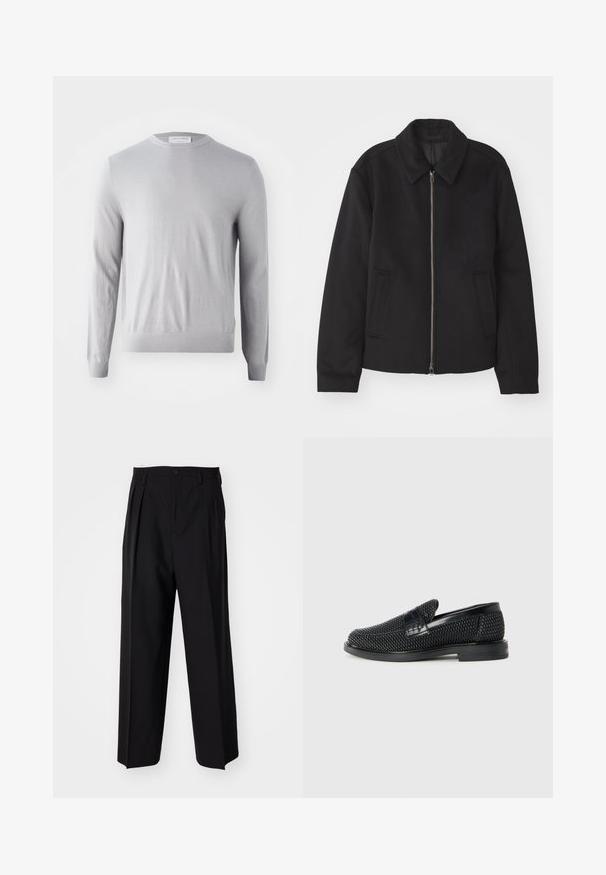 Fekete dzseki cipzárral, testreszabott dizájnnal, kerek nyakkal és zsebekkel. Sima, texturált anyagból készült.; Világosszürke, hosszú ujjú pulóver, kerek nyakkivágással, puha anyagból készült, sima textúrával, bordás mandzsettákkal és aljjal.; Fekete, pliszírozott nadrág, egyenes, széles lábakkal. Sima anyagból készült, gombos záródással és övhurkokkal rendelkezik.; Fekete szőtt slip-on cipő sima bőr díszítéssel a felsőrészen, kerek orral és alacsony profilos gumitalppal.