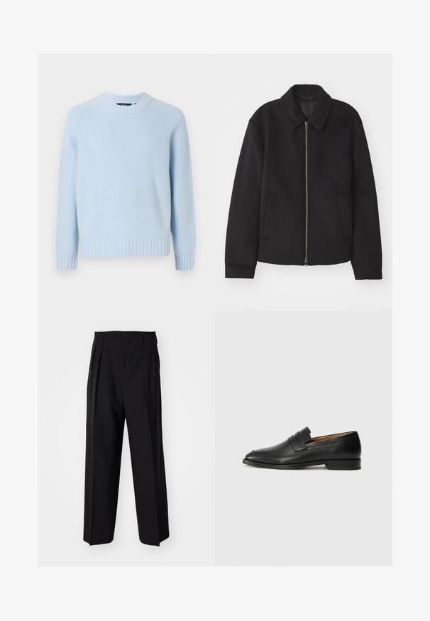 Giacca nera con chiusura con zip, design sartoriale, collo arrotondato e tasche a fessura. Realizzata in un tessuto morbido e texture.; Theory Maglione - skylight; Pantaloni neri a pieghe con un design dritto e gamba larga. Realizzati in tessuto morbido, con chiusura a bottone e passanti per cintura.; Mocassino in pelle nera con punta arrotondata, dettagli cuciti sottili e tacco basso, caratterizzato da una texture liscia e un design minimalista.