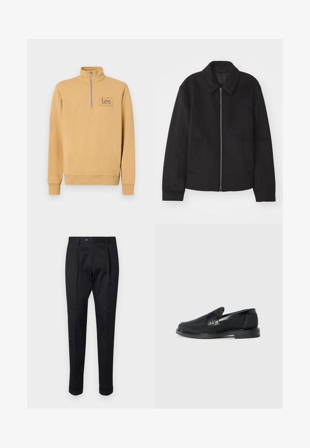 Black jacket with a zip closure, tailored design, a rounded collar, and slit pockets. Made from a smooth, textured fabric.; Yellow pullover sweatshirt with a zip collar, featuring an embroidered "Lee" logo in a rectangular design on the left chest. Cotton blend material.; Black trousers made of a smooth fabric, featuring a fold at the front, a button closure, and rolled cuffs at the ankle.; Black woven slip-on shoe with a smooth leather accent on the upper, a round toe design, and a low-profile rubber sole.