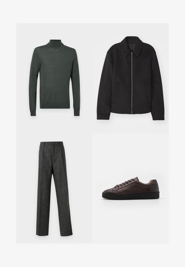 Črna jakna z zadrgo, prilagojena zasnova, okrogla ovratnica in žepi z rezi. Narejena iz gladke, teksturirane tkanine.; Temnozeleni pulover z rolko, izdelan iz mehkega, lahkega materiala. Ima dolge rokave in prilegajoč dizajn z rebrastimi detajli na manšetah in ovratniku.; Sive krojene hlače iz teksturirane tkanine, ki imajo dva sprednja nabora in ravno kroj. Brez vidnih žepov ali okrasnih elementov.; Rjave usnjene tenisice z gladko teksturo, okroglo konico in črnimi gumijastimi podplati. Imajo tonalne vezalke in minimalistične oblikovalske podrobnosti.