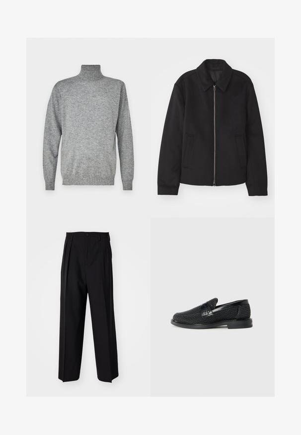Giacca nera con chiusura con zip, design sartoriale, collo arrotondato e tasche a fessura. Realizzata in un tessuto morbido e texture.; Maglione grigio a collo alto realizzato in tessuto a maglia. Presenta un colletto e polsini a costine, con una vestibilità rilassata e una texture liscia. Nessun motivo o accenti.; Pantaloni neri a pieghe con un design dritto e gamba larga. Realizzati in tessuto morbido, con chiusura a bottone e passanti per cintura.; Scarpa nera a mocassino intrecciata con un accentuato in pelle liscia sulla parte superiore, design a punta rotonda e suola in gomma a profilo basso.