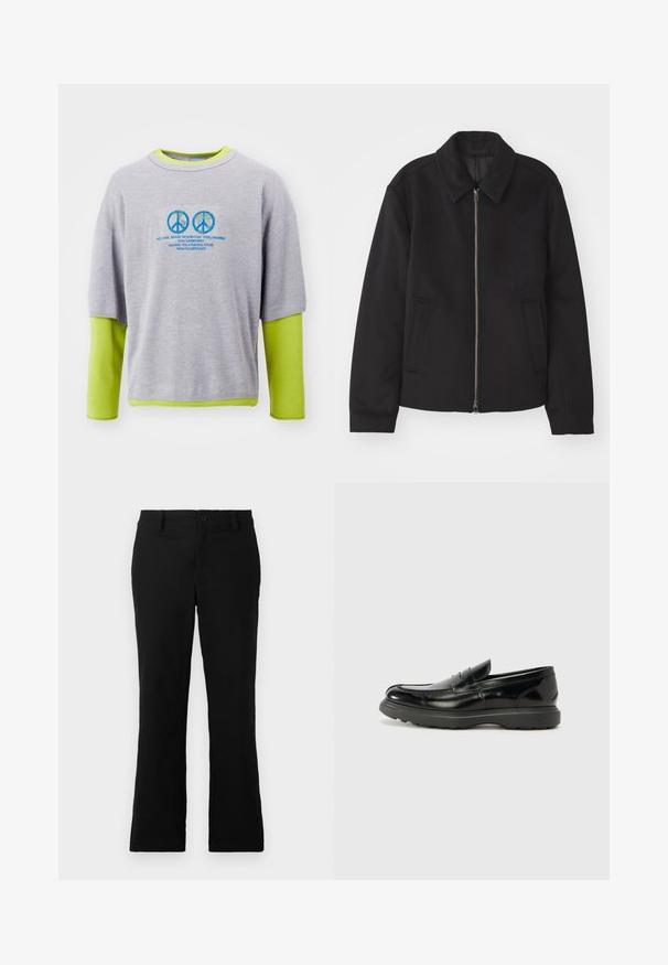 Fekete dzseki cipzárral, testreszabott dizájnnal, kerek nyakkal és zsebekkel. Sima, texturált anyagból készült.; Szürke pamut pulóver élénk zöld bélésrésszel, kék békejelekkel és szövegnyomattal az elején. Rövid ujjú, laza szabású.; Fekete, harang fazonú nadrág, pamut keverékből készült, gombos záródással, övhurkokkal és sima textúrával, látható minták nélkül.; Fekete bőr loafer, fényes felülettel, kerek orral, diszkrét varrási részletekkel és vastag gumitalppal a tartósság érdekében.
