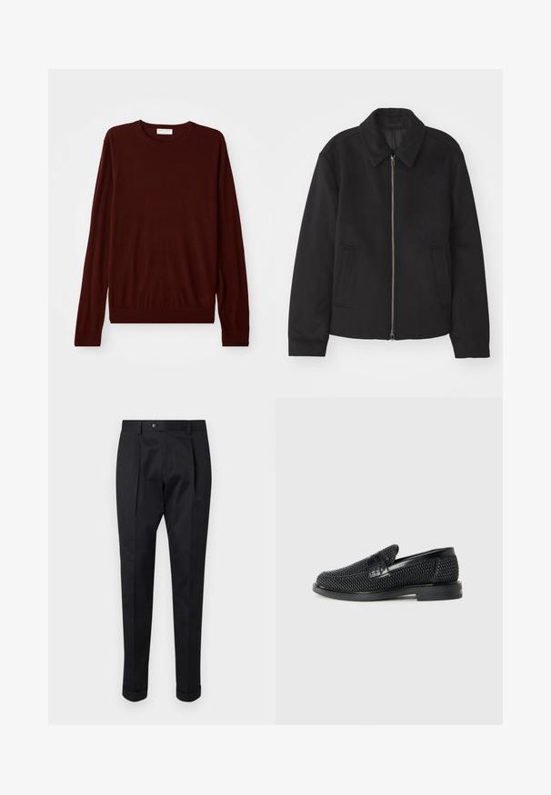 Sort jakke med lynlås, skræddersyet design, rund krave og slidser. Fremstillet af et glat, textureret stof.; Mørkerød langærmet crew neck trøje med ribbede manchetter og kant, lagt fladt på en hvid baggrund.; Sorte bukser lavet af et glat stof, der har en fold foran, en knaplukning og opsmøg ved anklerne.; Sort vævet slip-on sko med en glat læderdetalje på overdelen, en rund tådesign og en lavprofil gummisål.