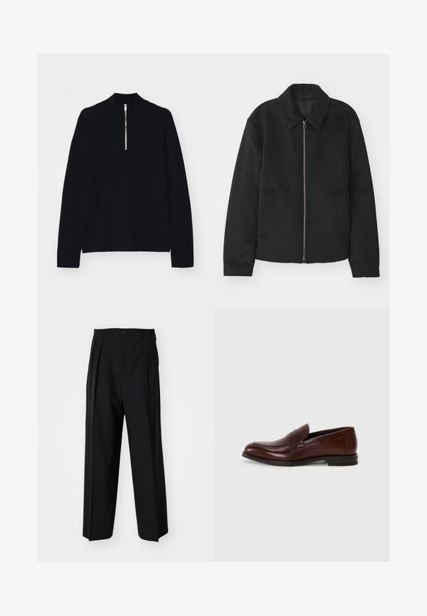 Svart jacka med dragkedjestängning, skräddarsydd design, rund krage och slitsfickor. Tillverkad av ett slätt, strukturerat tyg.; Svart långärmad topp gjord av ett mjukt material, med en hög polokrage och en halv dragkedja framtill, i en avslappnad passform.; Svarta plisserade byxor med en rak, bred bendesign. Tillverkade av ett slätt tyg, med knäppning fram och bälteshällor.; Bruna läderloafers med rundad tå, framrem och en låg staplad klack. Slät textur med minimala dekorativa detaljer.