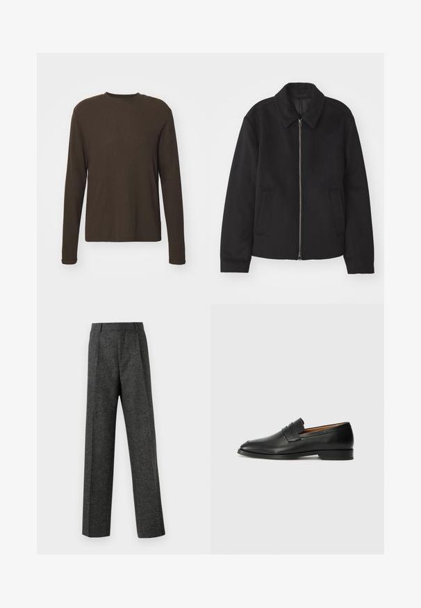 Black jacket with a zip closure, tailored design, a rounded collar, and slit pockets. Made from a smooth, textured fabric.; Long-sleeve crew neck shirt in dark brown. Made from a smooth, stretchy fabric with a straight cut and minimal seams. No patterns or accents.; Gray tailored trousers made of textured fabric, featuring two front pleats and a straight-leg design. No visible pockets or embellishments.; Black leather loafer with a rounded toe, subtle stitched detailing, and a low heel, featuring a smooth texture and minimalist design.