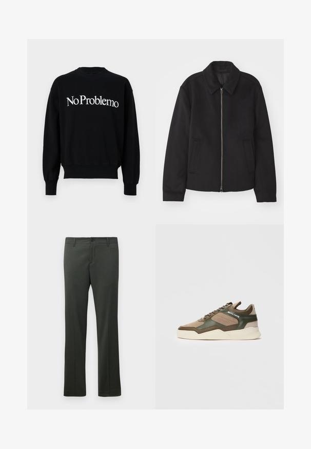 Black jacket with a zip closure, tailored design, a rounded collar, and slit pockets. Made from a smooth, textured fabric.; Black sweatshirt, crew neck, featuring white text “NoProblemo” across the chest. Ribbed cuffs and hem, soft fabric texture.; Dark green formal trousers with belt loops, front button closure, and straight leg cut.; Beige and green low-top sneaker with perforated sides, white sole, lace-up front, and "FILLING PIECES" branding on the side panel.