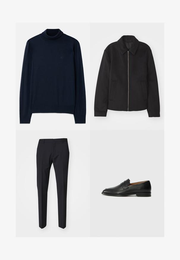 Crna jakna s patentnim zatvaračem, prilagođenog dizajna, zaobljenim kragnom i proreznim džepovima. Izrađena od glatkog, teksturiranog materijala.; Dsquared2 TURTLE NECK - Vesta - navy blue; Tamno plave hlače uskog kroja. Napravljene od glatkog, teksturiranog materijala, s ravnim prednjim dijelom, petljama za remen i bočnim džepovima.; Crni kožni loafer s okruglim vrhom, suptilnim šavovima i niskim petama, s glatkom teksturom i minimalističkim dizajnom.