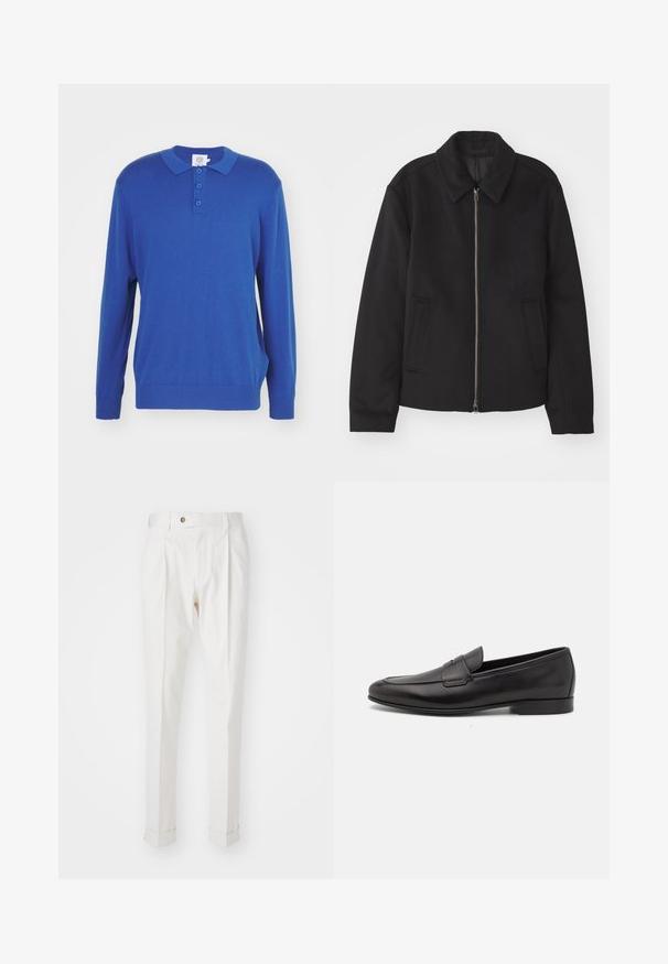 Casaco preto com fecho de correr, design ajustado, colarinho redondo e bolsos com fenda. Feito de um tecido liso e texturizado.; Sweater polo azul de manga longa com colarinho, placket de três botões e punhos e cós canelados. Feito de um tecido de malha macia.; Calças brancas, ajustadas, com frente lisa, duas pregas e bainhas viradas. Feitas de um tecido suave com fecho de botão na cintura.; Sapatilha masculina em couro preto, com salto baixo e um design clássico com tira de moeda, apresentada em perfil lateral sobre um fundo branco.