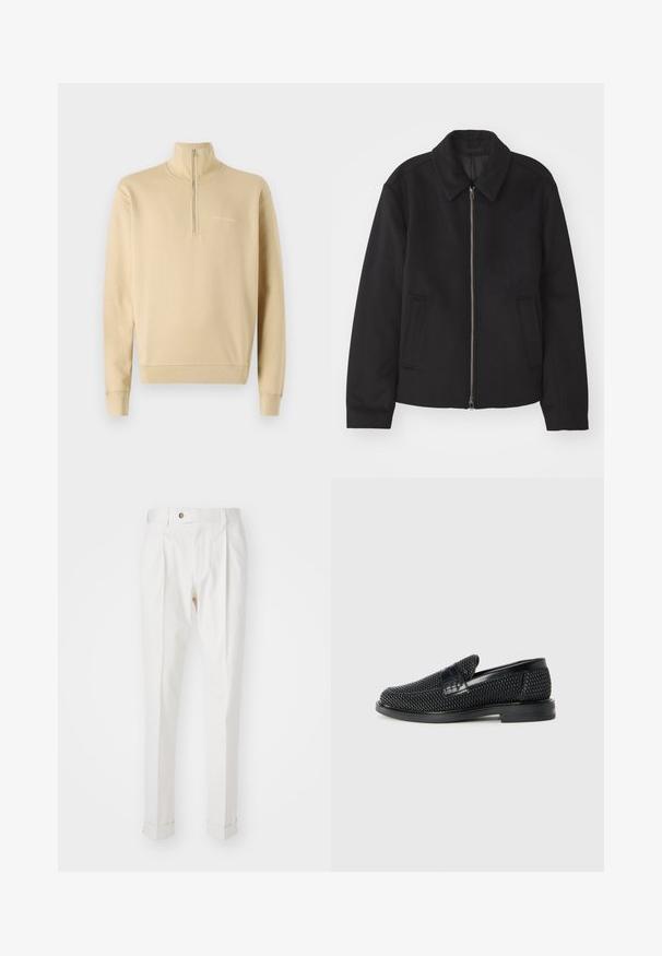 Zwarte jas met ritssluiting, op maat gemaakte ontwerp, ronde kraag en splitzakken. Gemaakt van een gladde, gestructureerde stof.; Tiger of Sweden MARLON - Sweater - practical beige; Witte, op maat gemaakte broeken met een platte voorkant, twee plooien en omgeslagen pijpen. Gemaakt van een gladde stof met een knoopsluiting in de taille.; Zwartegeweven instap schoenen met een glad leren accent aan de bovenkant, een ronde neusontwerp en een laag profiel rubberen zool.