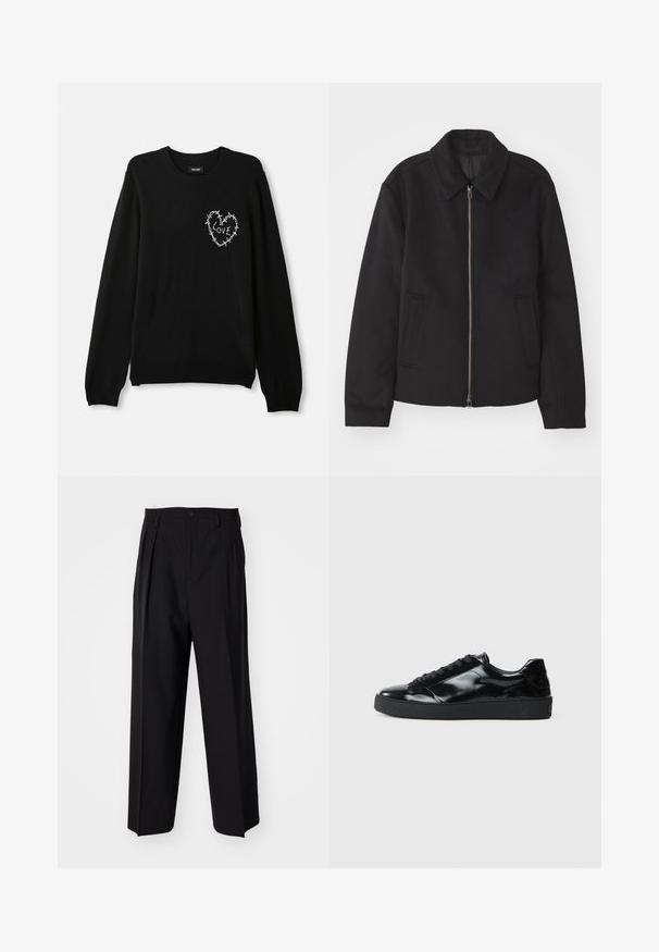 Črna jakna z zadrgo, prilagojena zasnova, okrogla ovratnica in žepi z rezi. Narejena iz gladke, teksturirane tkanine.; Črn pulover z okroglo ovratnikom, dolgimi rokavi in belim vezenim srcem, okrašenim z bodičasto žico in besedo "LJUBEZEN."; Črne nabirane hlače s ravnim, širokim krojem. Narejene so iz gladkega materiala in imajo zadrgo ter pasne zanke.; Črne lakirane usnjene teniske s zaobljenim nosom, vezalnim dizajnom, teksturirano gumijasto podplatom in gladkim koncem.