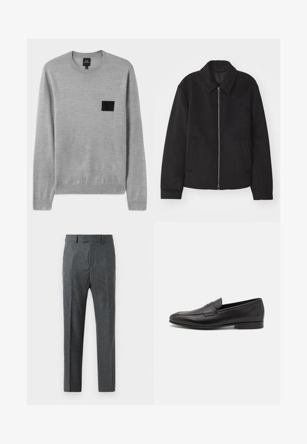 Black jacket with a zip closure, tailored design, a rounded collar, and slit pockets. Made from a smooth, textured fabric.; Gray sweater with a crew neckline, long sleeves, and ribbed cuffs. Features a textured black logo patch on the chest. Soft knit material.; Gray tailored trousers with a fine check pattern, straight leg design, and a smooth fabric texture. Features belt loops and a zip fly.; Black leather men's loafer with a low heel and a classic penny strap design, shown in side profile on a white background.