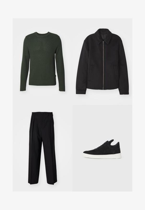 Jachetă neagră cu închidere prin fermoar, design ajustat, guler rotund și buzunare cu fanta. Fabricată dintr-un material neted, texturat.; J.LINDEBERG OLIVER STRUCTURE - Pulover - forest green; Pantaloni negri plisat cu un design drept și pantaloni largi. Construiți dintr-un material neted, prevăzuți cu închidere cu nasture și bucle pentru curea.; Sneakers negre din suede cu o talpă din cauciuc albă, prezentând cusături tonale și un design cu șireturi. Textură netedă cu o formă modernă și aerodinamică.