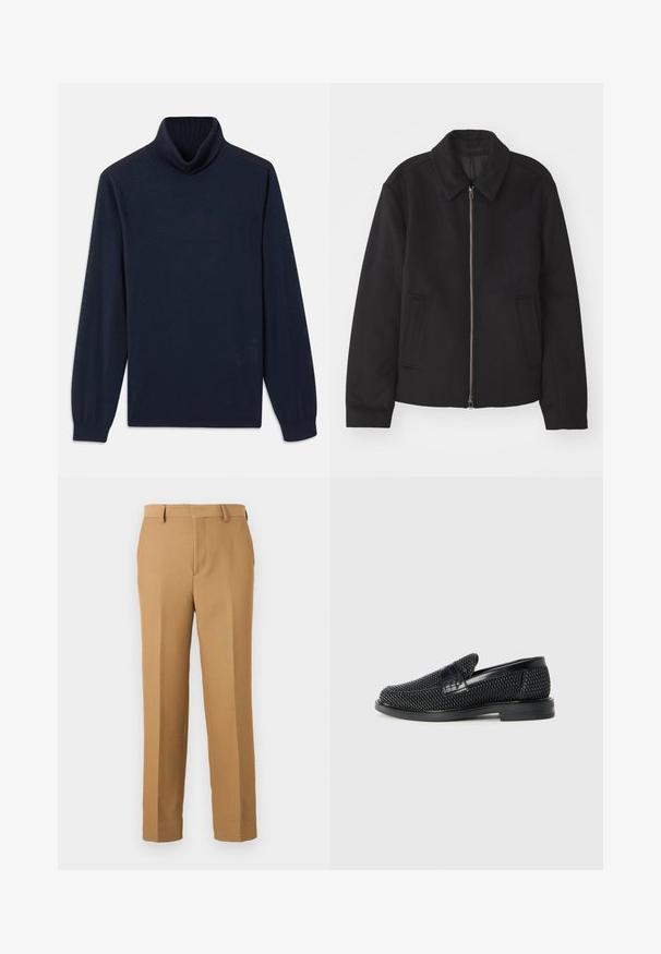 Zwarte jas met ritssluiting, op maat gemaakte ontwerp, ronde kraag en splitzakken. Gemaakt van een gladde, gestructureerde stof.; Marineblauwe coltrui gemaakt van gladde stof, met een ribbelkraag en lange mouwen met aansluitende manchetten. Eenvoudig ontwerp zonder patronen.; Beige broek gemaakt van geweven stof, met een rechte snit, platte voorkant en riemlussen. Soepele textuur zonder zichtbare patronen.; Zwartegeweven instap schoenen met een glad leren accent aan de bovenkant, een ronde neusontwerp en een laag profiel rubberen zool.