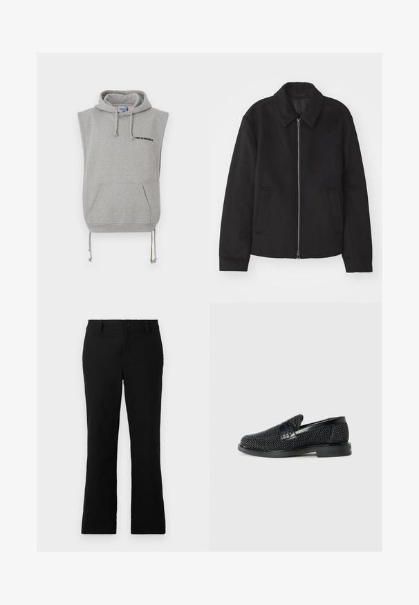 Fekete dzseki cipzárral, testreszabott dizájnnal, kerek nyakkal és zsebekkel. Sima, texturált anyagból készült.; Ujjatlan szürke kapucnis pulcsi pamut keverék anyagból. Elől zseb található, állítható fűzőkkel, és fekete nyomtatott szöveg látható a nyakkivágás közelében.; Fekete, harang fazonú nadrág, pamut keverékből készült, gombos záródással, övhurkokkal és sima textúrával, látható minták nélkül.; Fekete szőtt slip-on cipő sima bőr díszítéssel a felsőrészen, kerek orral és alacsony profilos gumitalppal.
