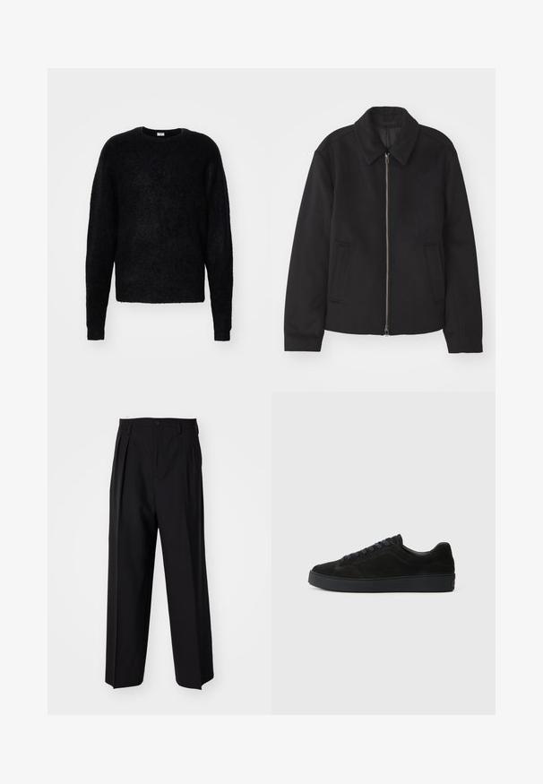 Must mustriga, mis on varustatud lukuga, kohandatud disaini, ümarate kaeluste ja lõhesalongidega taskudega. Valmistatud siledast, tekstuurilisest kangast.; Must värvitud ümar kaelusega sviter, mis on valmistatud pehmest, tekstuuriga materjalist. Omab pikki varrukaid ja lõdva istuvusega, ilma nähtavate dekoratsioonideta.; Mustad volditud püksid sirge ja laia säärega disainiga. Valmistatud siledast kangast, millel on nuppudega sulgemine ja vööaasad.; Must have musta tennisjalats madala, tekstuuriga talla, ümara varbaga, kuue silmaga paelte jaoks ja minimalistlik disain.