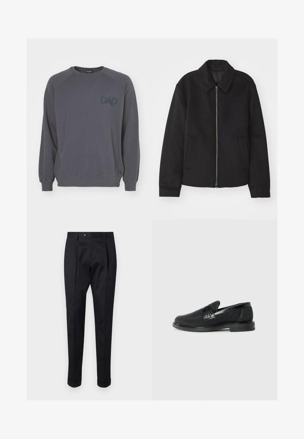 Black jacket with a zip closure, tailored design, a rounded collar, and slit pockets. Made from a smooth, textured fabric.; Ron Dorff BOX PRINT - Sweatshirt - lava grey; Black trousers made of a smooth fabric, featuring a fold at the front, a button closure, and rolled cuffs at the ankle.; Black woven slip-on shoe with a smooth leather accent on the upper, a round toe design, and a low-profile rubber sole.