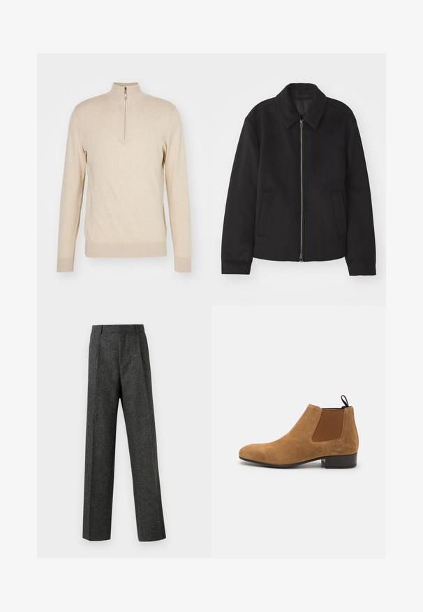 Čierna bunda so zipsom, upravený strih, okrúhly golier a bočné vrecká. Vyrobená z hladkej, textúrovanej látky.; KNITID CASHMERE BLEND EASY FIT HALF ZIP - Svetrík - sable; Sivé úzke nohavice z textúrovanej látky, s dvoma prednými skladmi a rovnými nohavicami. Bez viditeľných vreciek alebo ozdôb.; Hnedé semišové Chelsea topánky s elastickými bočnými panelmi, zaoblenou špičkou a nízkym vrstveným podpätkom. Obsahujú pútko pre jednoduché obúvanie.