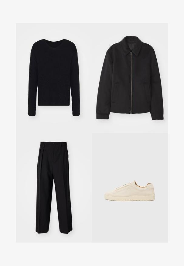 Czarna kurtka z zamkiem błyskawicznym, dopasowany krój, okrągły kołnierz i kieszenie cięte. Wykonana z gładkiego, teksturowanego materiału.; Filippa K - Sweter; Czarne plisowane spodnie o prostym, szerokim kroju nogawek. Wykonane z gładkiego materiału, z zapięciem na guzik i pętelkami na pasek.; Beżowe zamszowe trampki o niskim profilu, okrągłym nosku, płaskich sznurówkach i teksturowanej gumowej podeszwie. Minimalistyczny styl bez widocznych logo.
